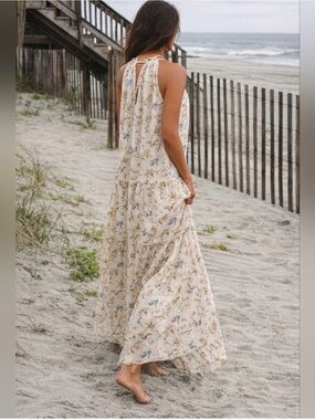 DREW from Anthropologie - Cream and Brown Floral Tie-Strap Dress
